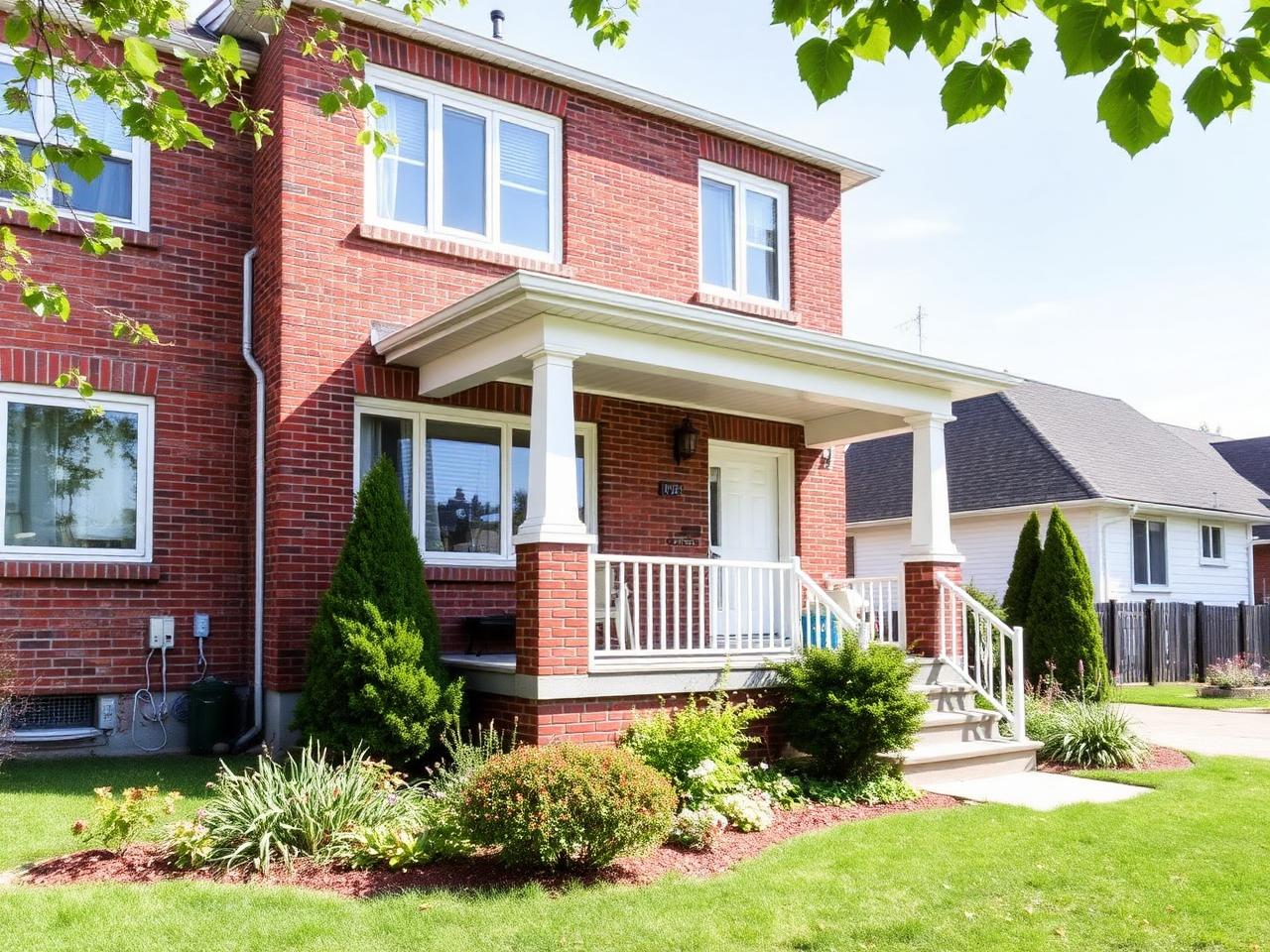 Two-storey red brick home with a covered front porch and landscaped front garden.