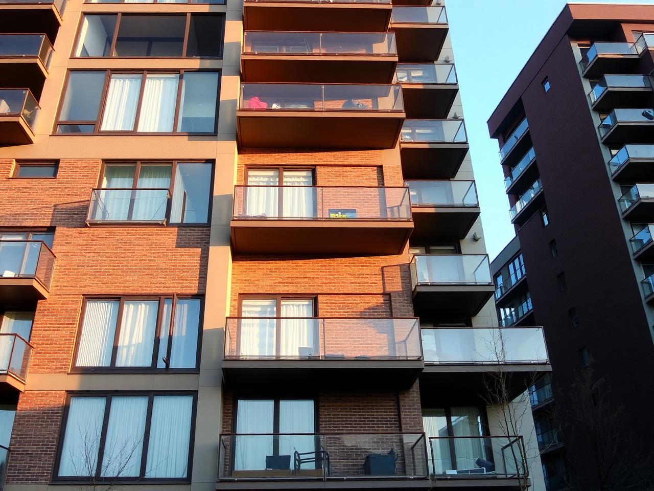 Contemporary condominium building with glass balconies in afternoon light.