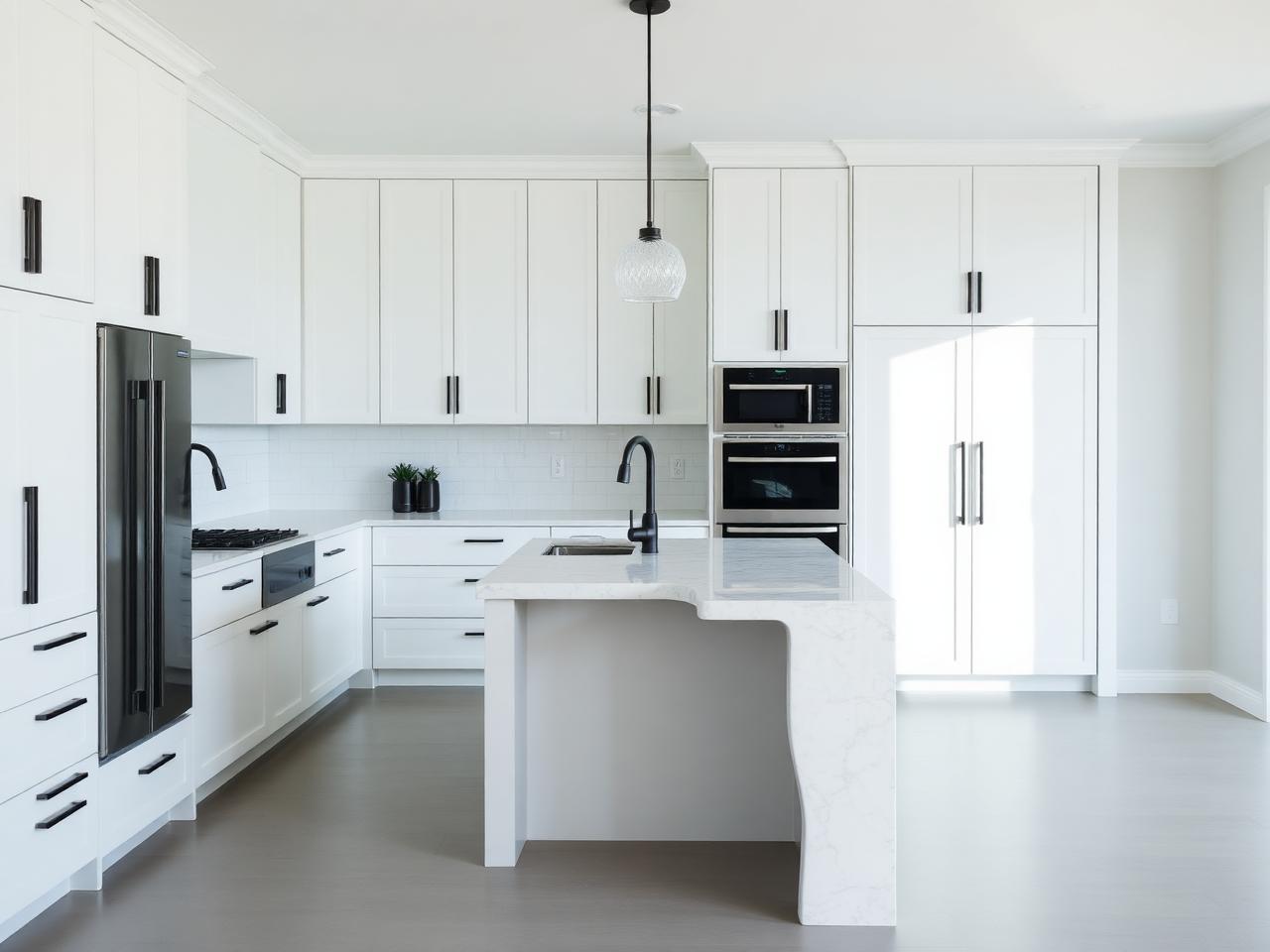 Renovated white kitchen with a quartz waterfall island and matte black fixtures.