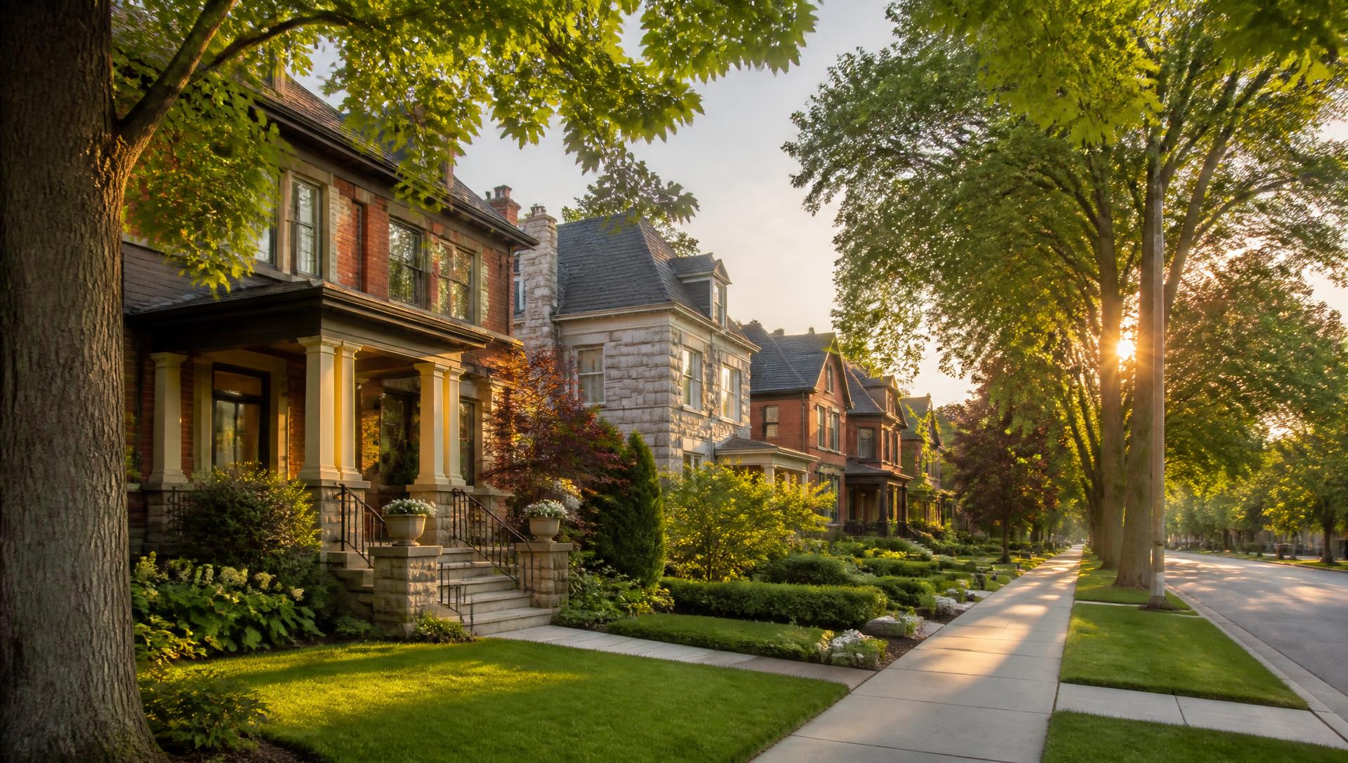Tree-lined residential street of Ottawa homes in late afternoon light.